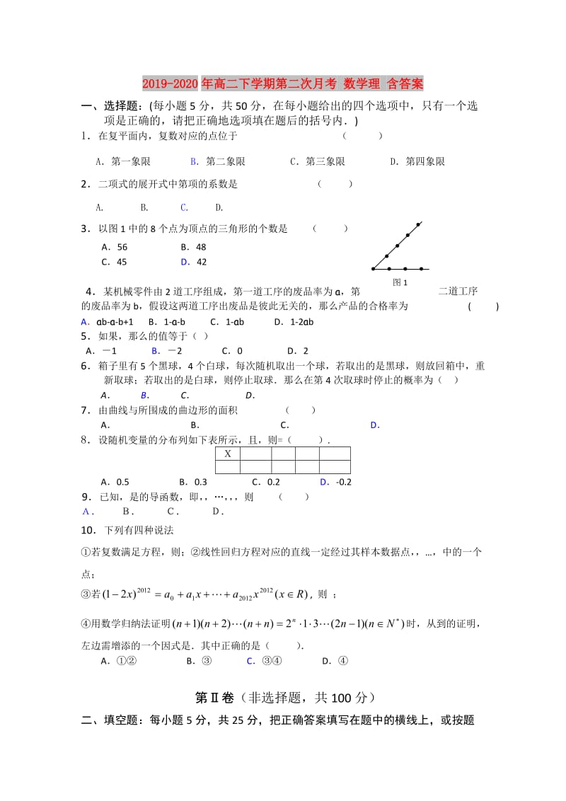 2019-2020年高二下学期第二次月考 数学理 含答案.doc_第1页