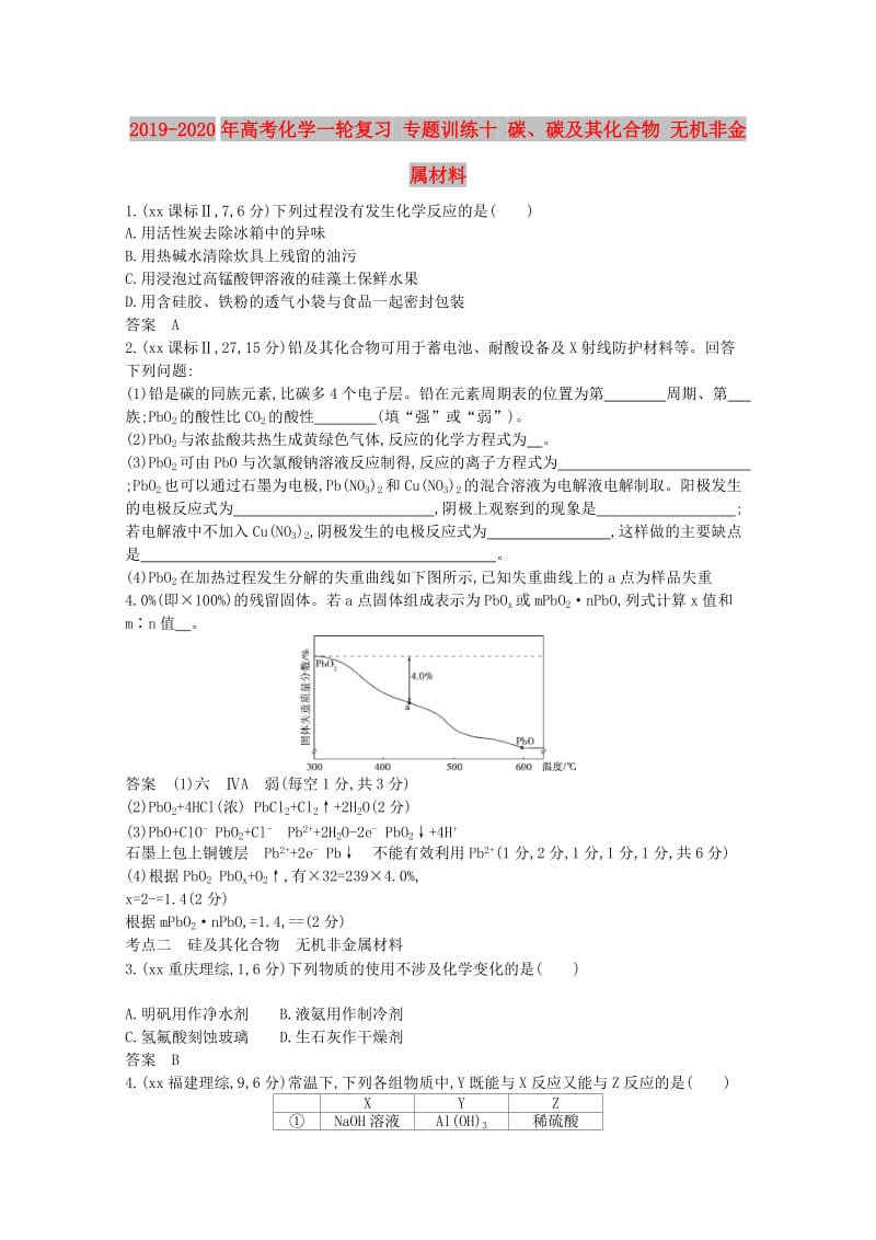 2019-2020年高考化学一轮复习 专题训练十 碳、碳及其化合物 无机非金属材料.doc_第1页