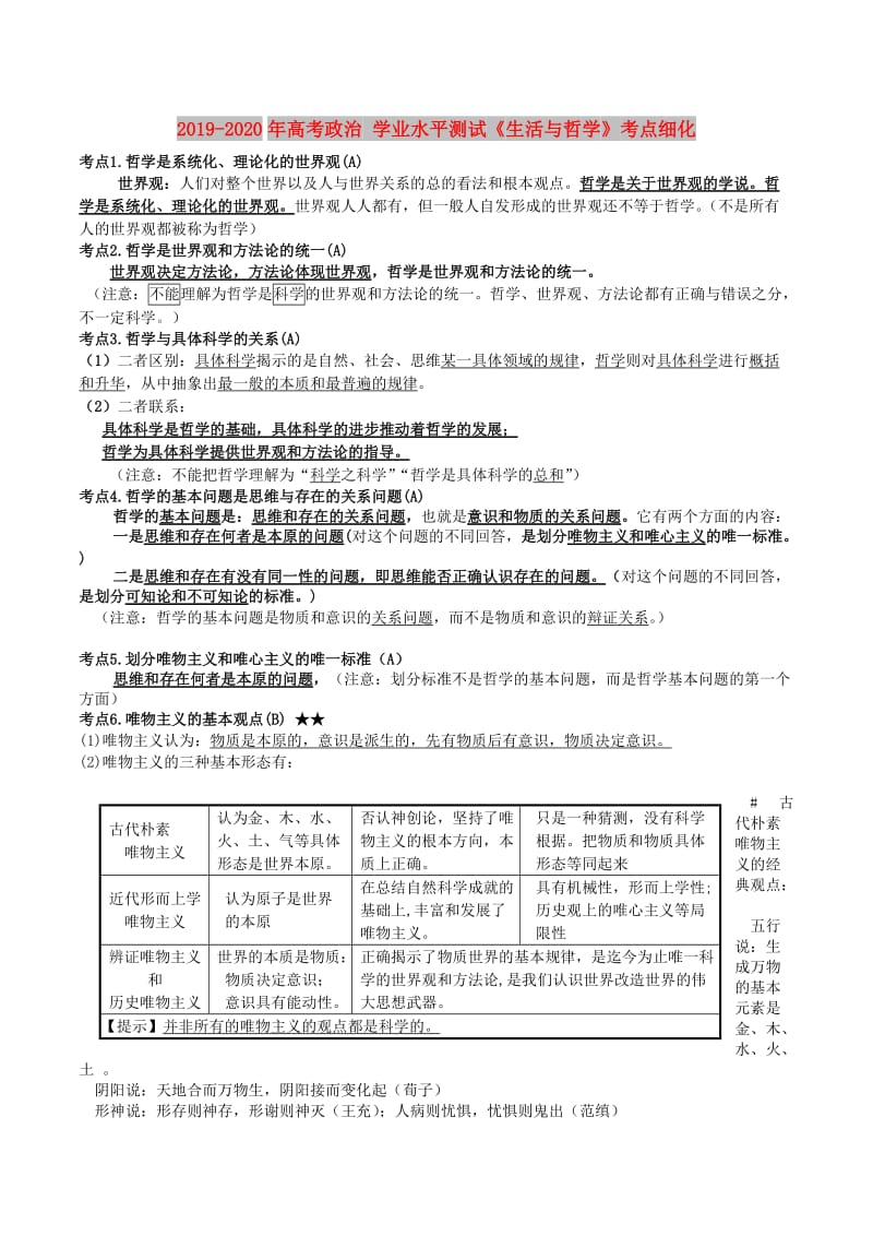 2019-2020年高考政治 学业水平测试《生活与哲学》考点细化.doc_第1页