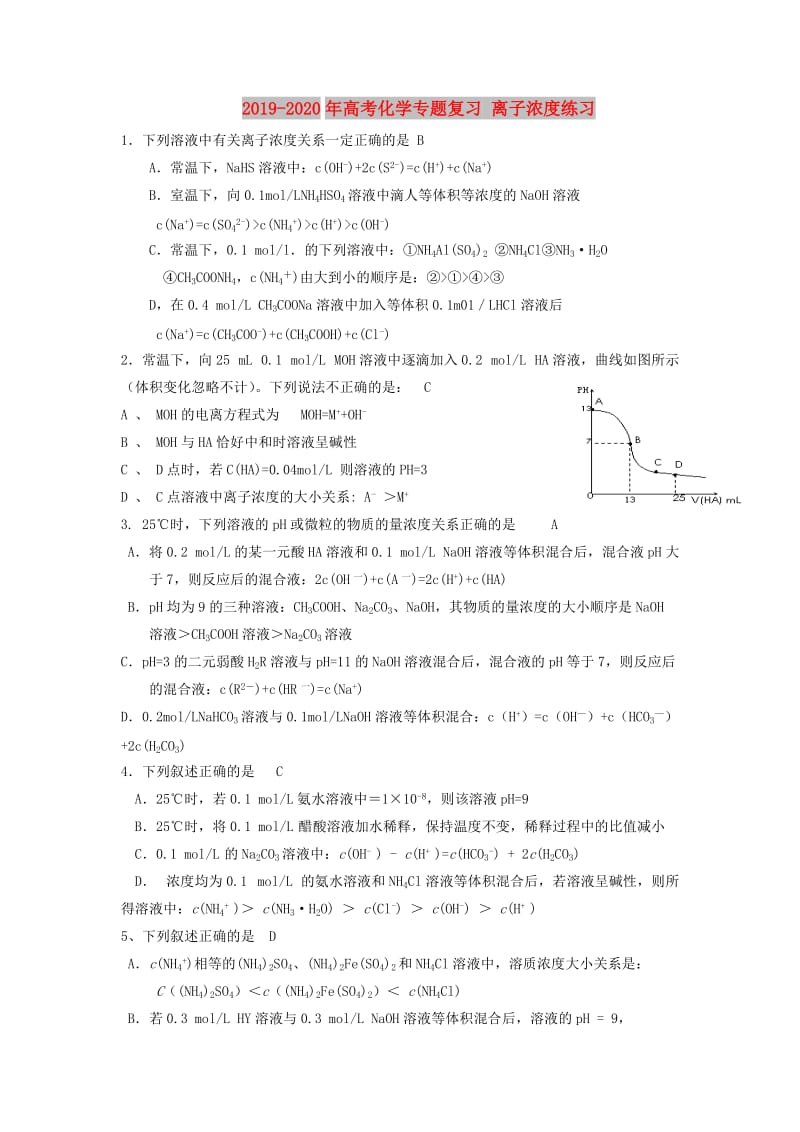 2019-2020年高考化学专题复习 离子浓度练习.doc_第1页