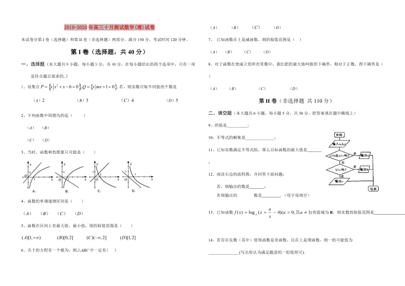 2019-2020年高三十月测试数学(理)试卷.doc_第1页