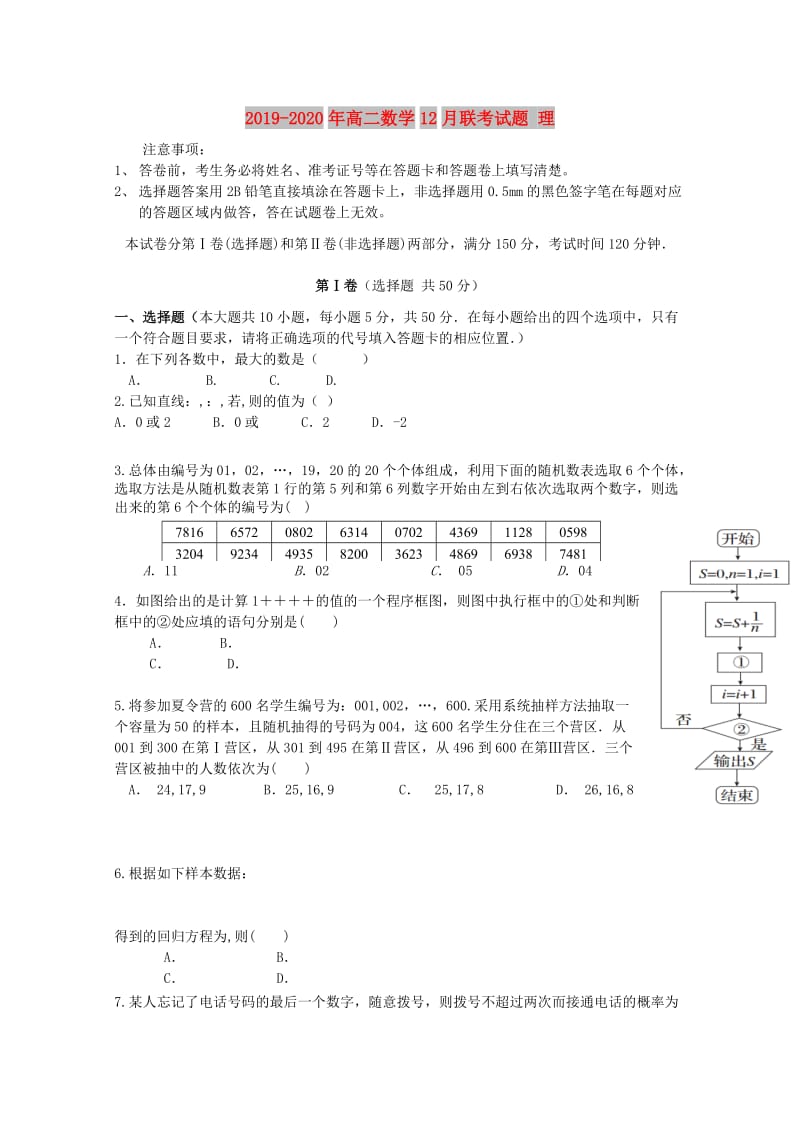 2019-2020年高二数学12月联考试题 理.doc_第1页