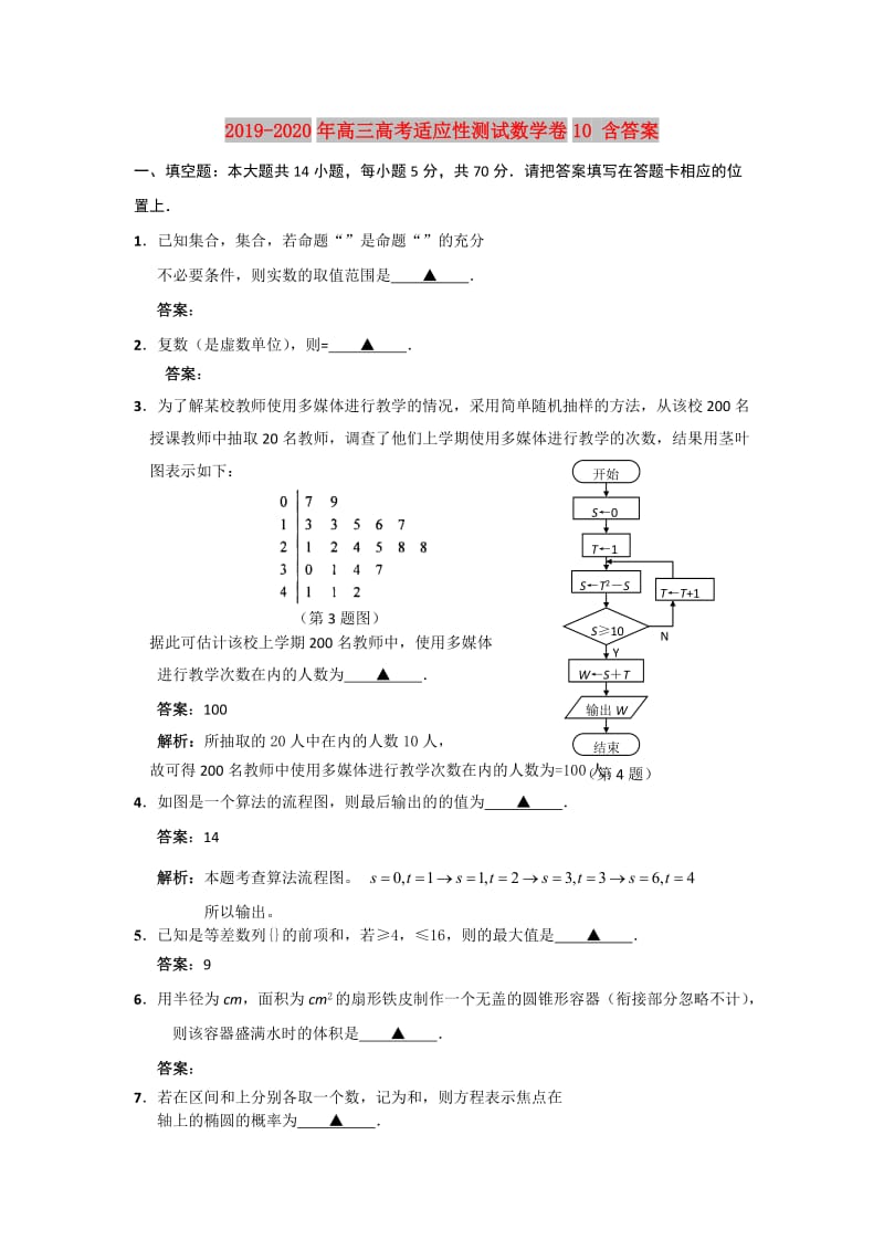 2019-2020年高三高考适应性测试数学卷10 含答案.doc_第1页