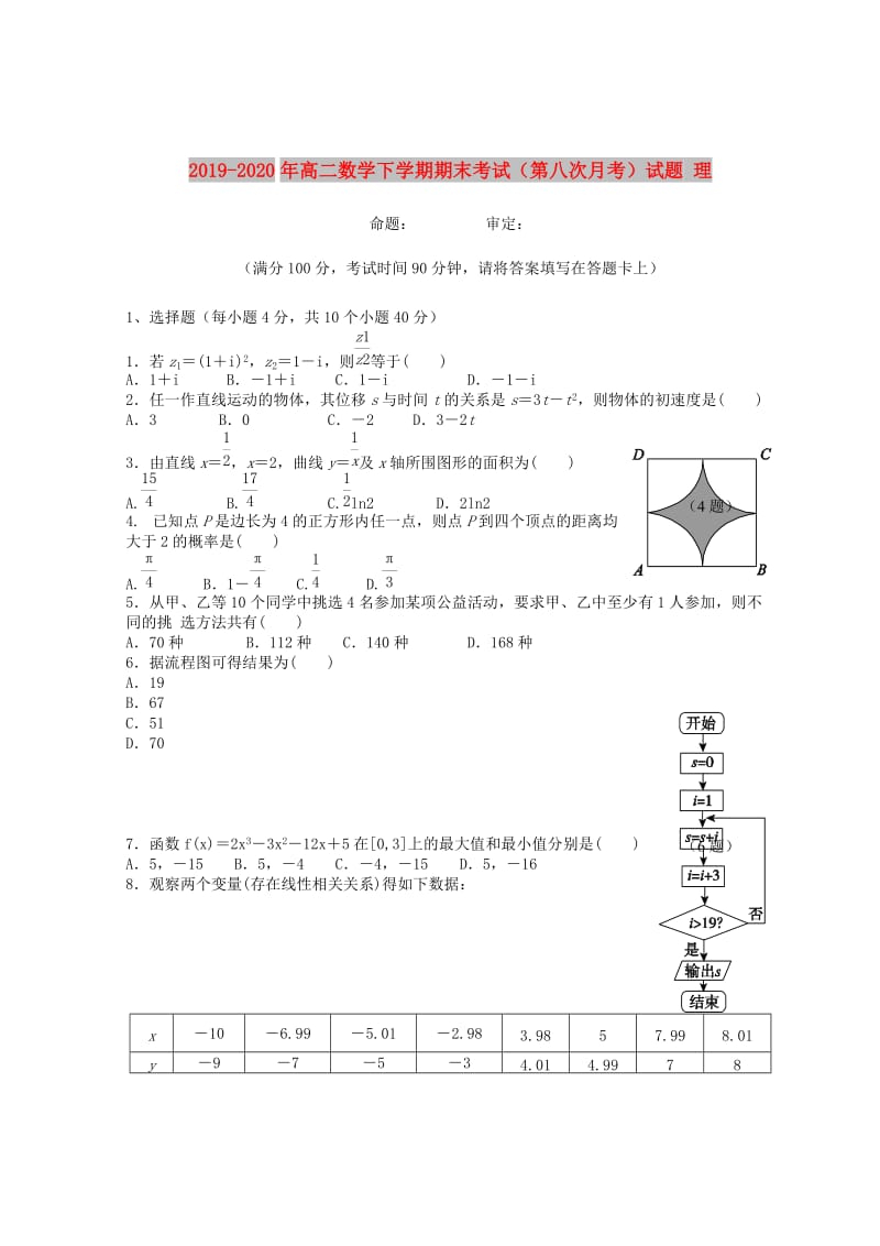 2019-2020年高二数学下学期期末考试（第八次月考）试题 理.doc_第1页