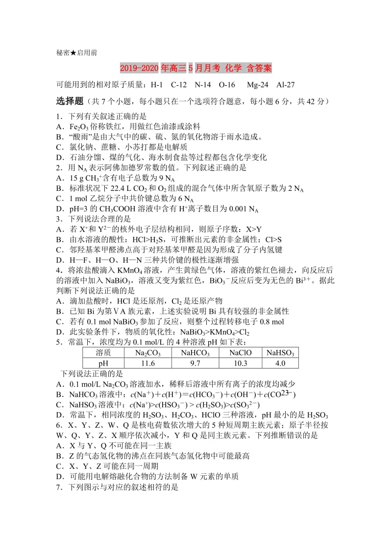 2019-2020年高三5月月考 化学 含答案.doc_第1页