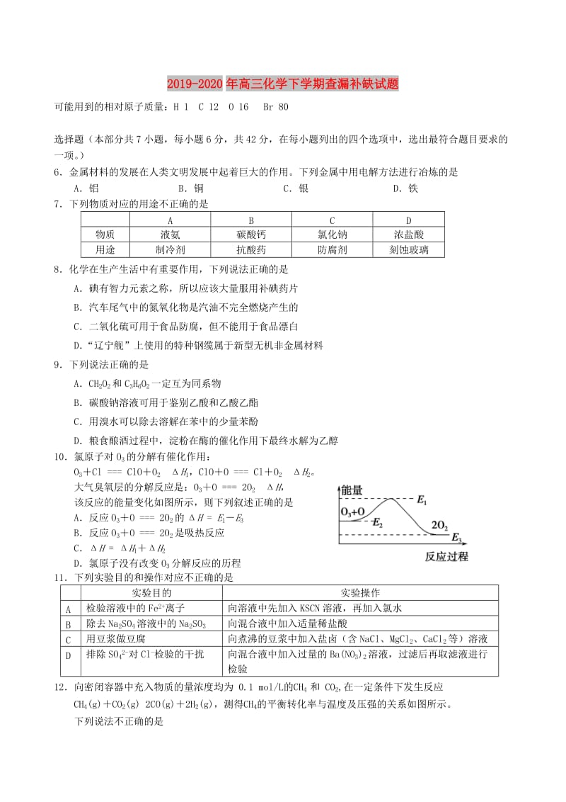 2019-2020年高三化学下学期查漏补缺试题.doc_第1页