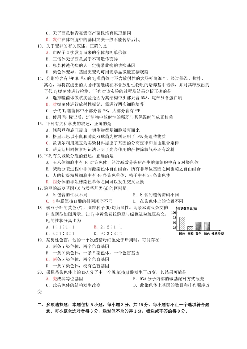 2019-2020年高三上学期第一次学情调研生物试卷 含答案.doc_第3页