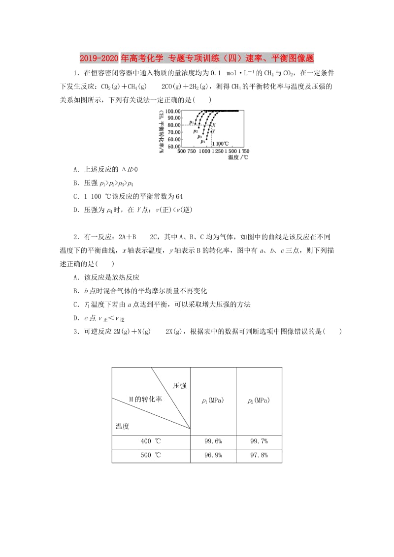 2019-2020年高考化学 专题专项训练（四）速率、平衡图像题.doc_第1页