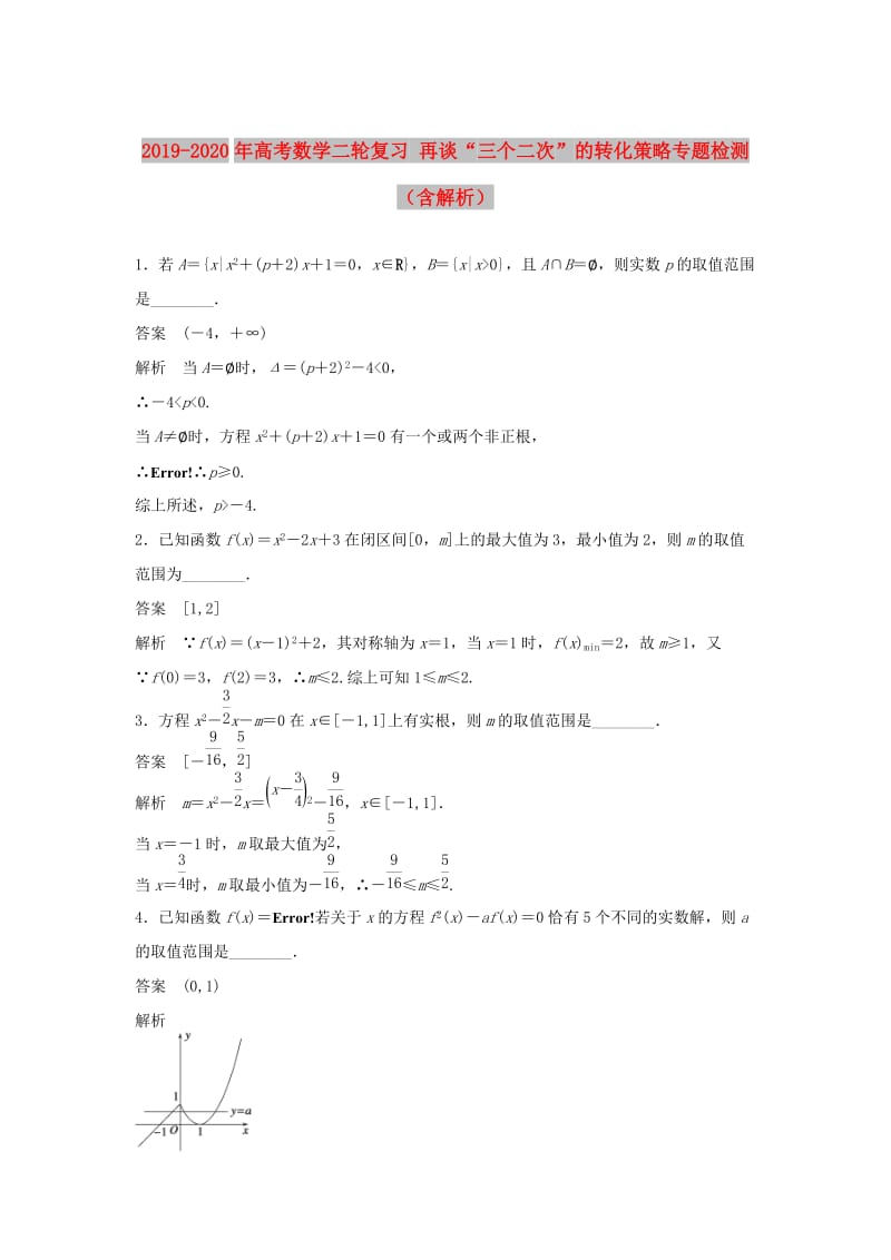 2019-2020年高考数学二轮复习 再谈“三个二次”的转化策略专题检测（含解析）.doc_第1页