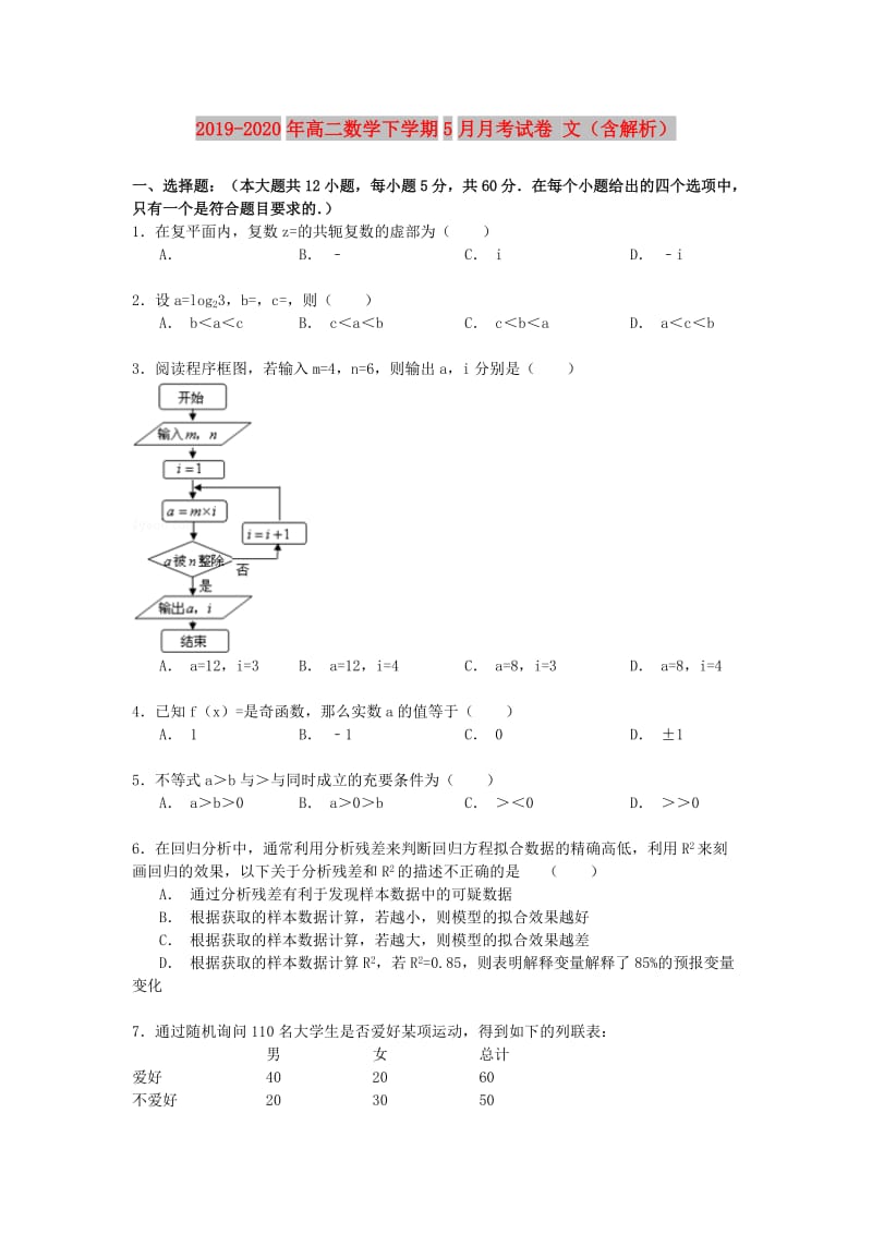 2019-2020年高二数学下学期5月月考试卷 文（含解析）.doc_第1页