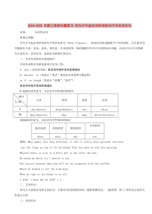 2019-2020年高三英語專題復習 在句子中起名詞作用的句子叫名詞從句.doc