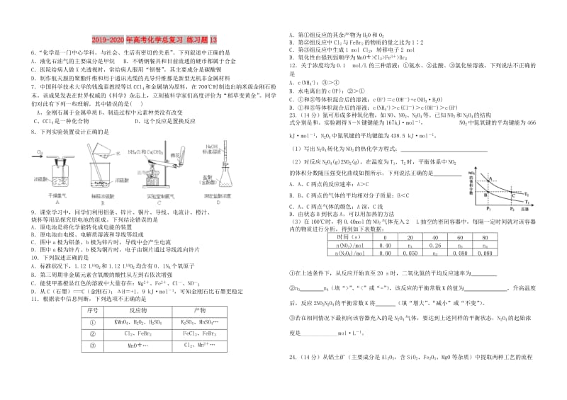 2019-2020年高考化学总复习 练习题13.doc_第1页