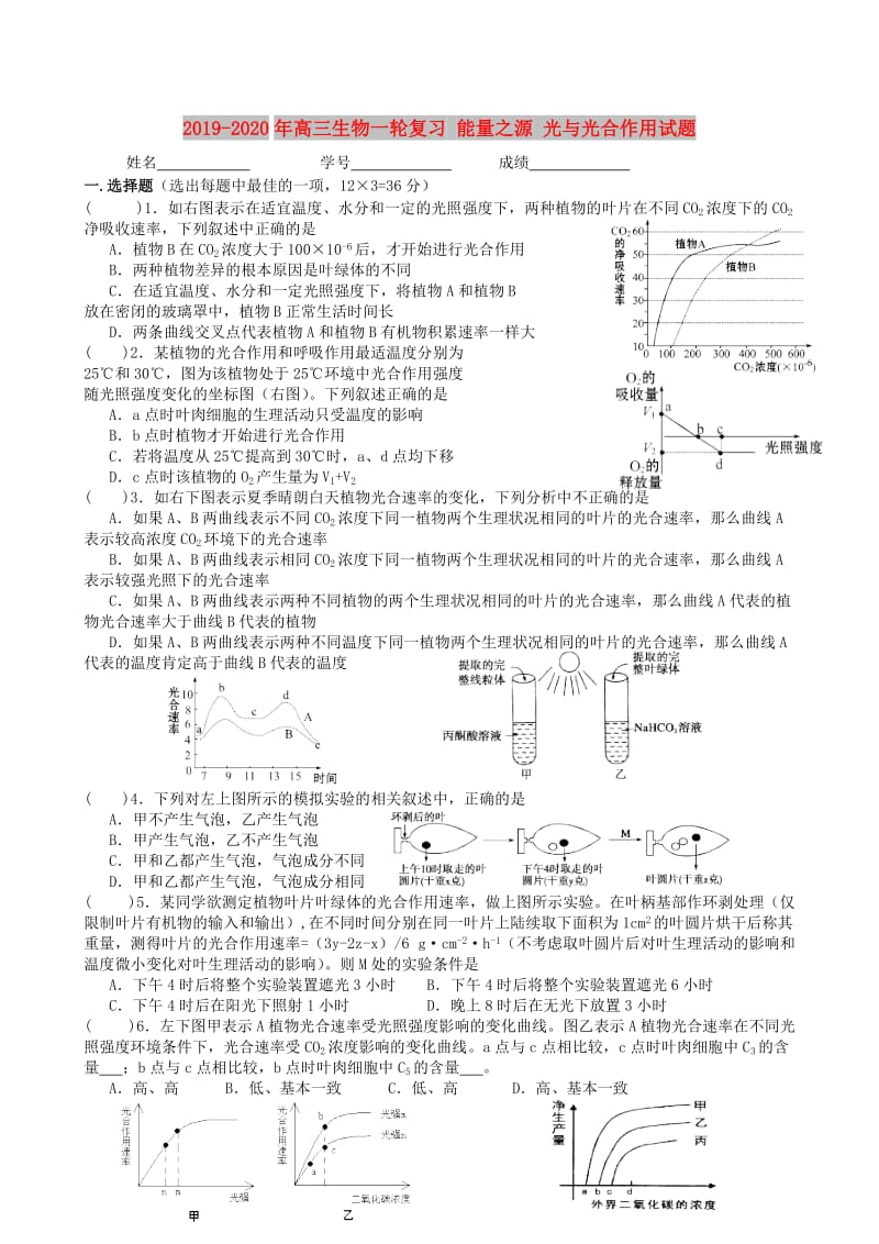 2019-2020年高三生物一轮复习 能量之源 光与光合作用试题.doc_第1页