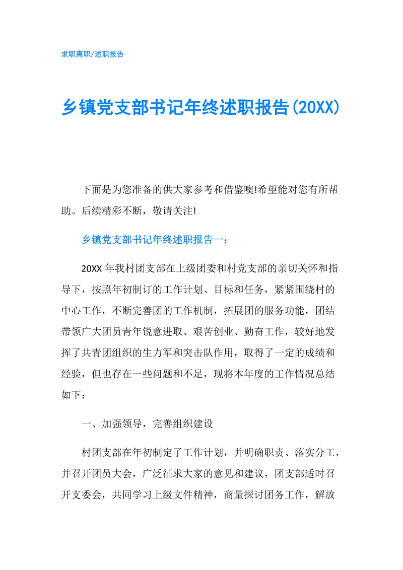 乡镇党支部书记年终述职报告(20XX).doc_第1页