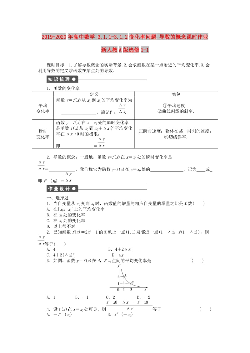 2019-2020年高中数学 3.1.1-3.1.2变化率问题 导数的概念课时作业 新人教A版选修1-1.doc_第1页