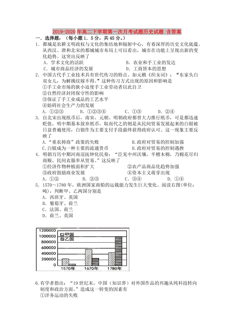 2019-2020年高二下学期第一次月考试题历史试题 含答案.doc_第1页