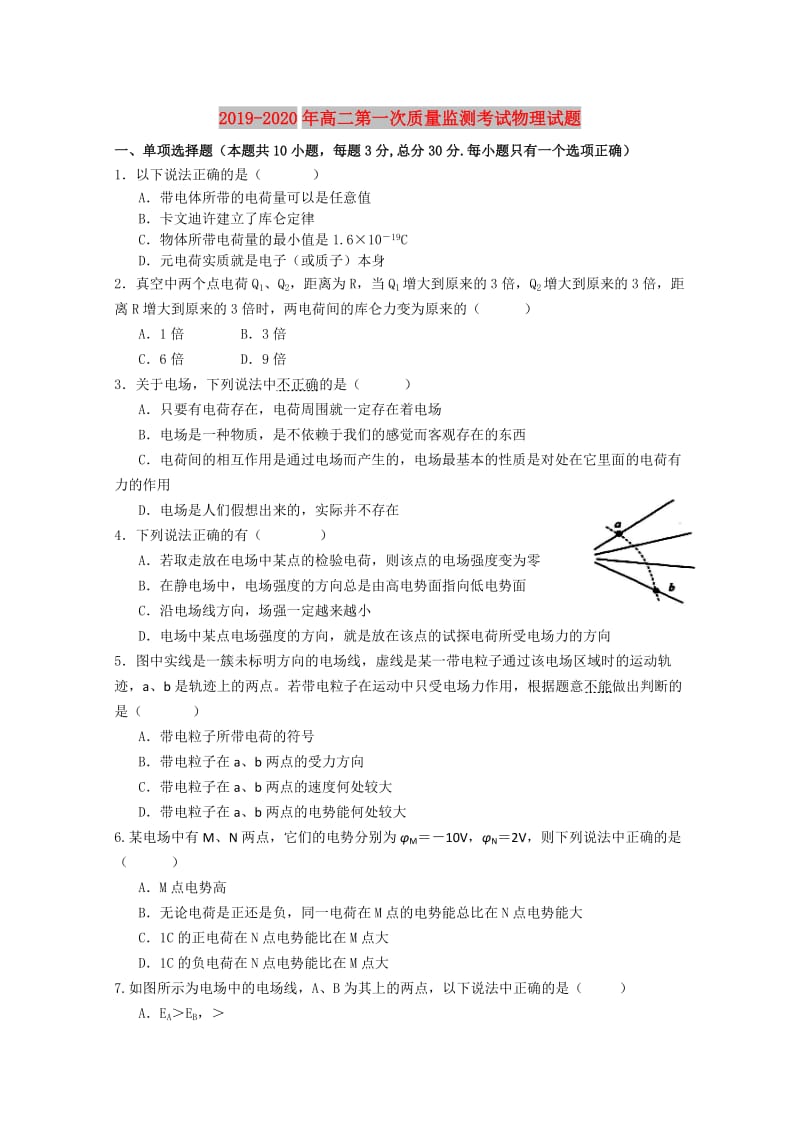 2019-2020年高二第一次质量监测考试物理试题.doc_第1页