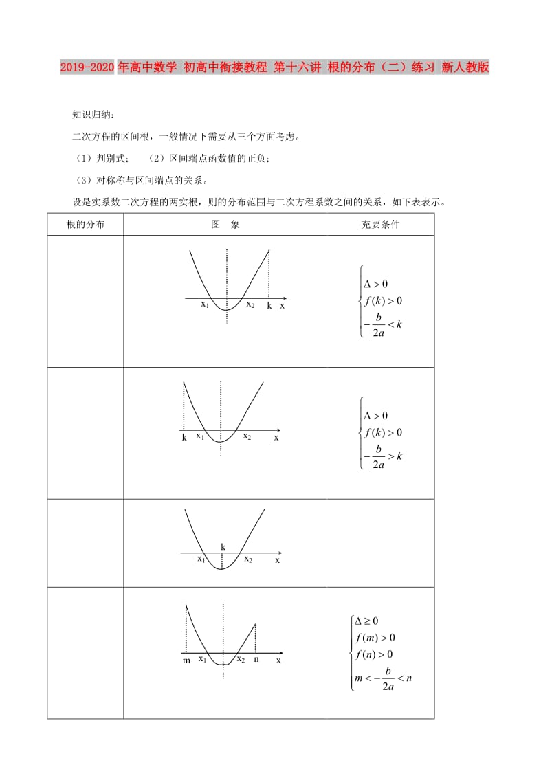 2019-2020年高中数学 初高中衔接教程 第十六讲 根的分布（二）练习 新人教版.doc_第1页