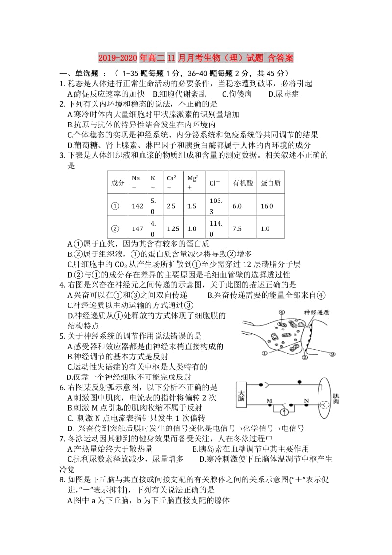 2019-2020年高二11月月考生物（理）试题 含答案.doc_第1页