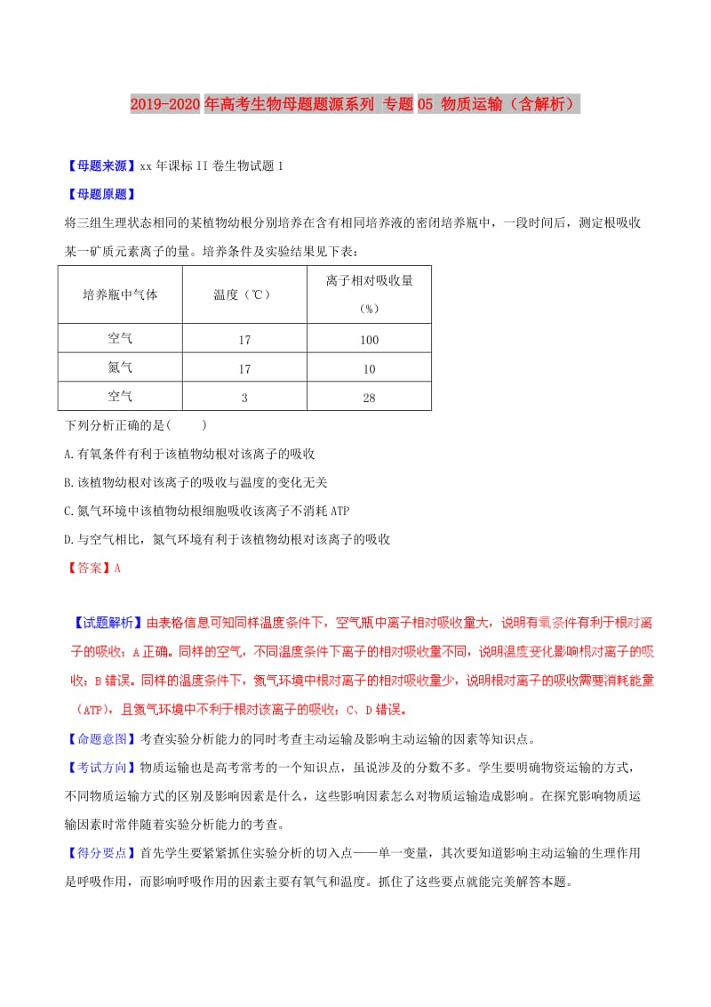 2019-2020年高考生物母题题源系列 专题05 物质运输（含解析）.doc_第1页