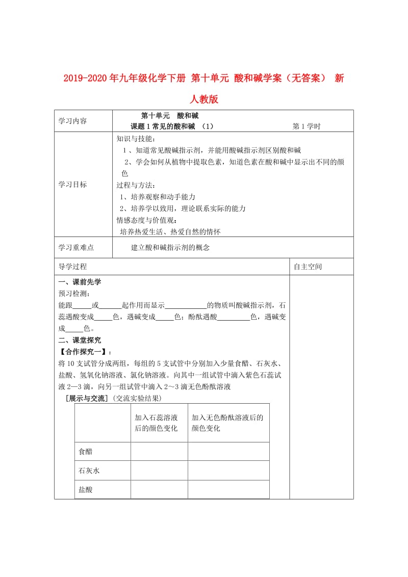 2019-2020年九年级化学下册 第十单元 酸和碱学案（无答案） 新人教版.doc_第1页