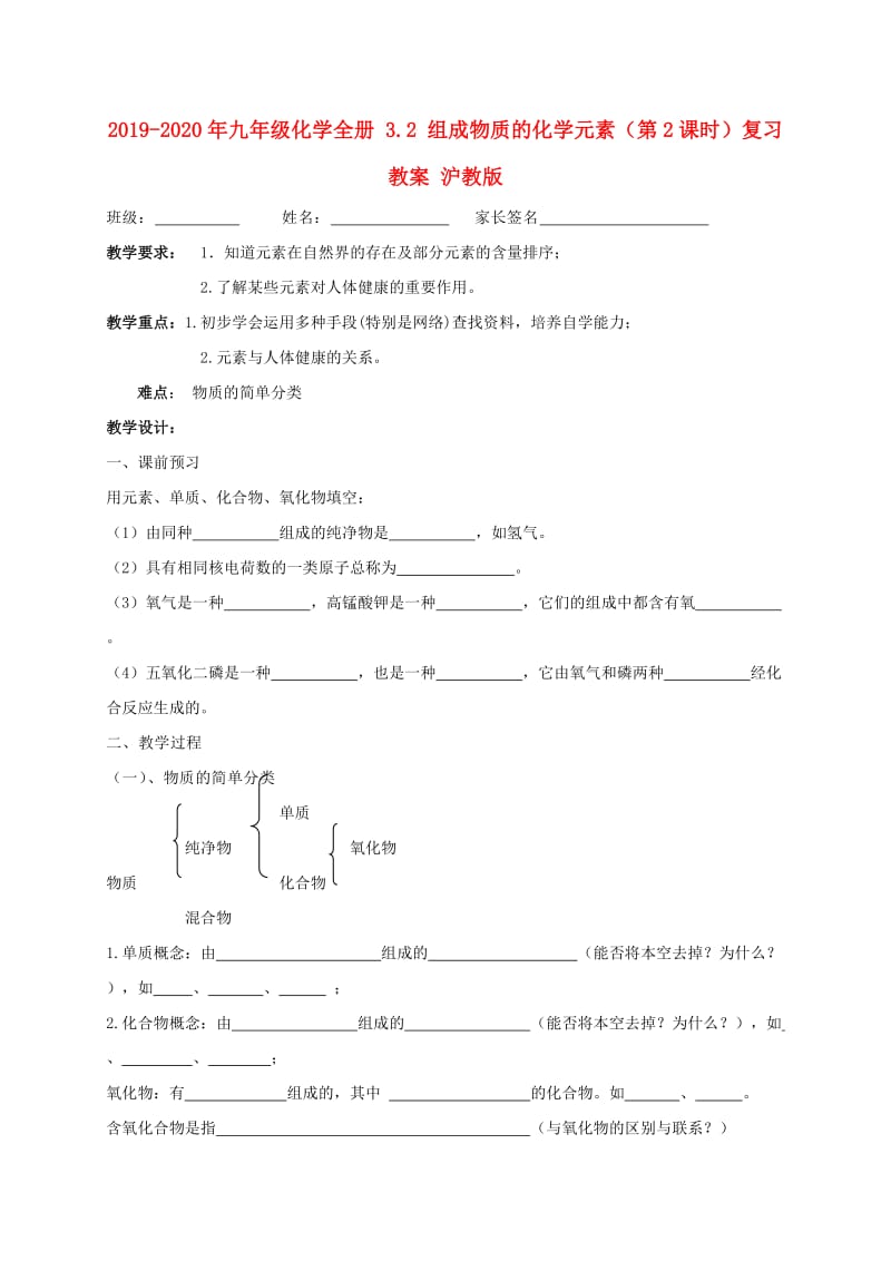 2019-2020年九年级化学全册 3.2 组成物质的化学元素（第2课时）复习教案 沪教版.doc_第1页