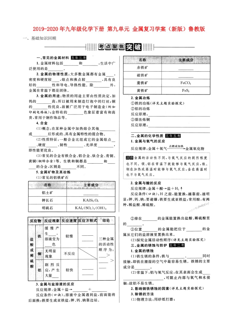 2019-2020年九年级化学下册 第九单元 金属复习学案（新版）鲁教版.doc_第1页