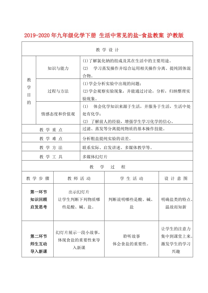 2019-2020年九年级化学下册 生活中常见的盐-食盐教案 沪教版.doc_第1页