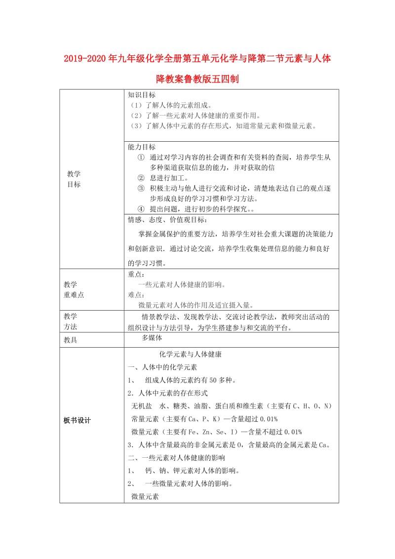 2019-2020年九年级化学全册第五单元化学与降第二节元素与人体降教案鲁教版五四制.doc_第1页