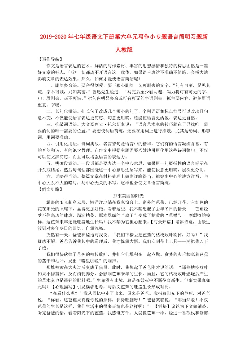 2019-2020年七年级语文下册第六单元写作小专题语言简明习题新人教版.doc_第1页