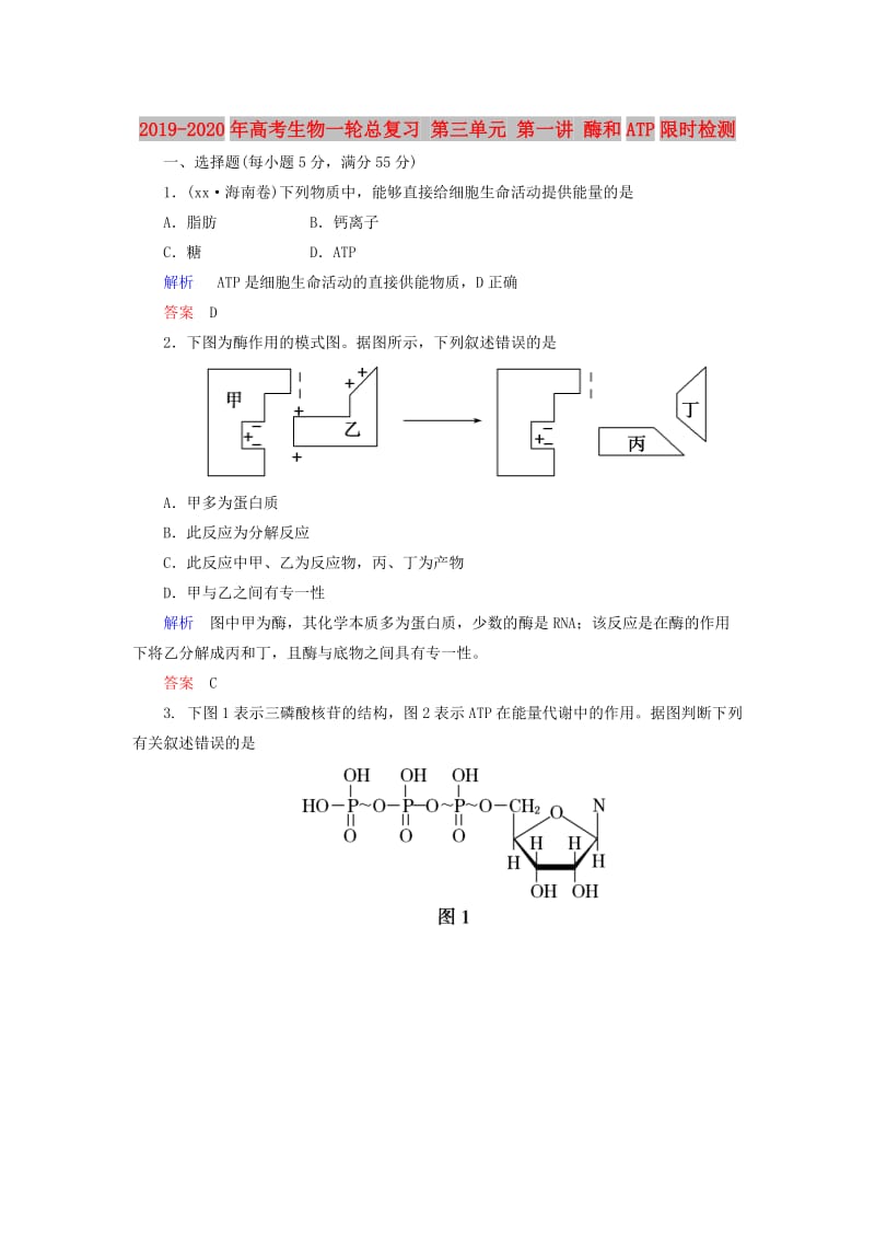 2019-2020年高考生物一轮总复习 第三单元 第一讲 酶和ATP限时检测.doc_第1页