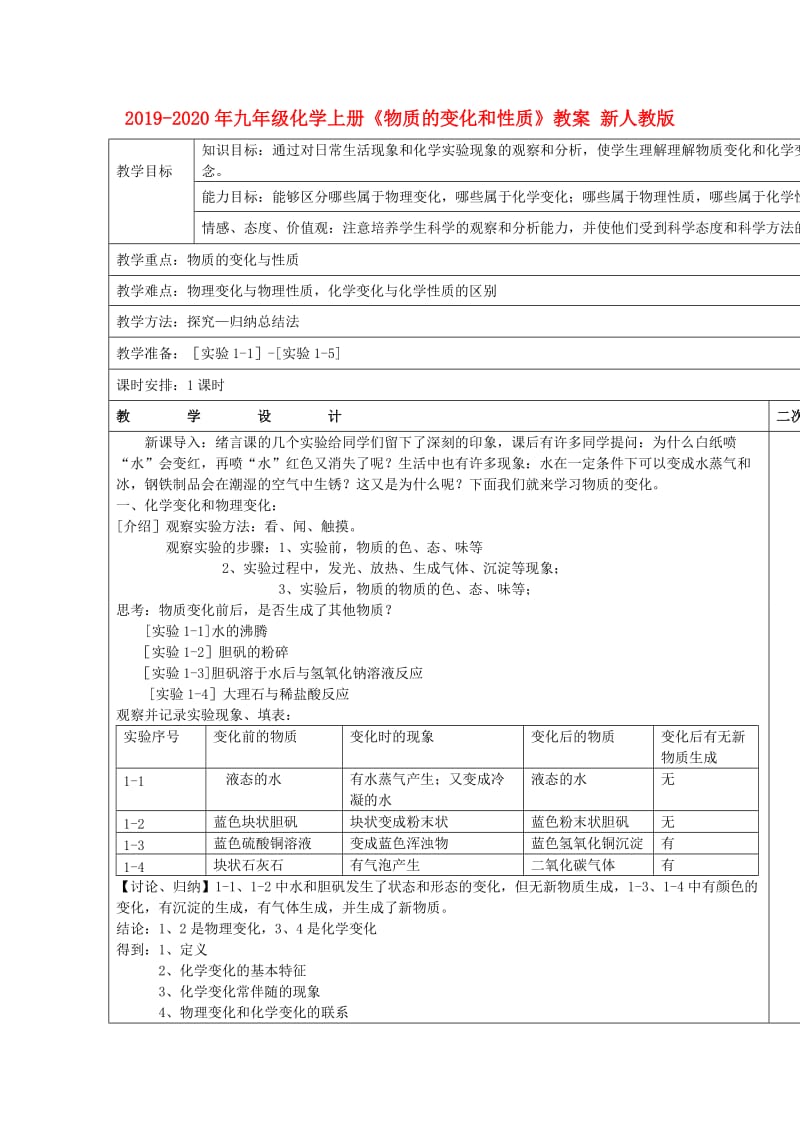 2019-2020年九年级化学上册《物质的变化和性质》教案 新人教版.doc_第1页