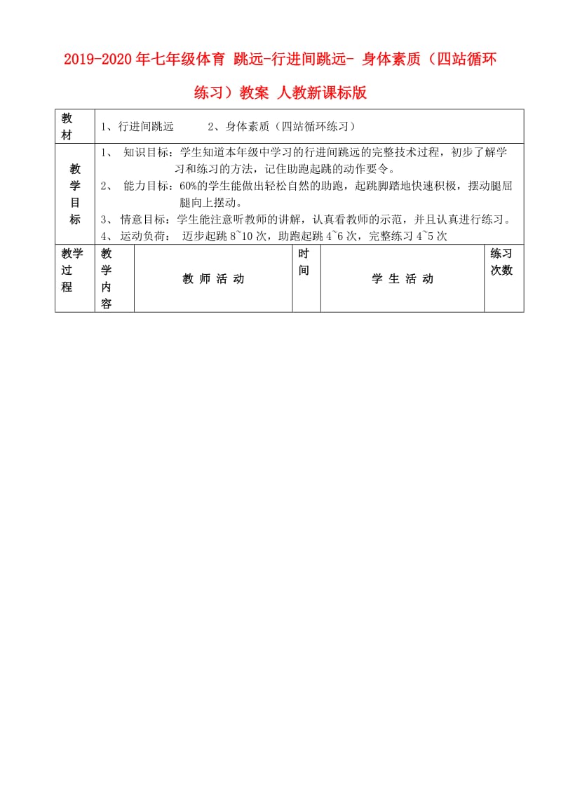 2019-2020年七年级体育 跳远-行进间跳远- 身体素质（四站循环练习）教案 人教新课标版.doc_第1页