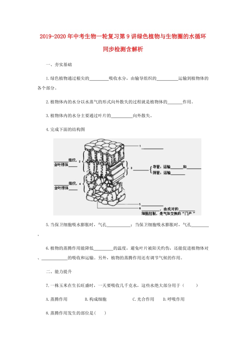 2019-2020年中考生物一轮复习第9讲绿色植物与生物圈的水循环同步检测含解析.doc_第1页