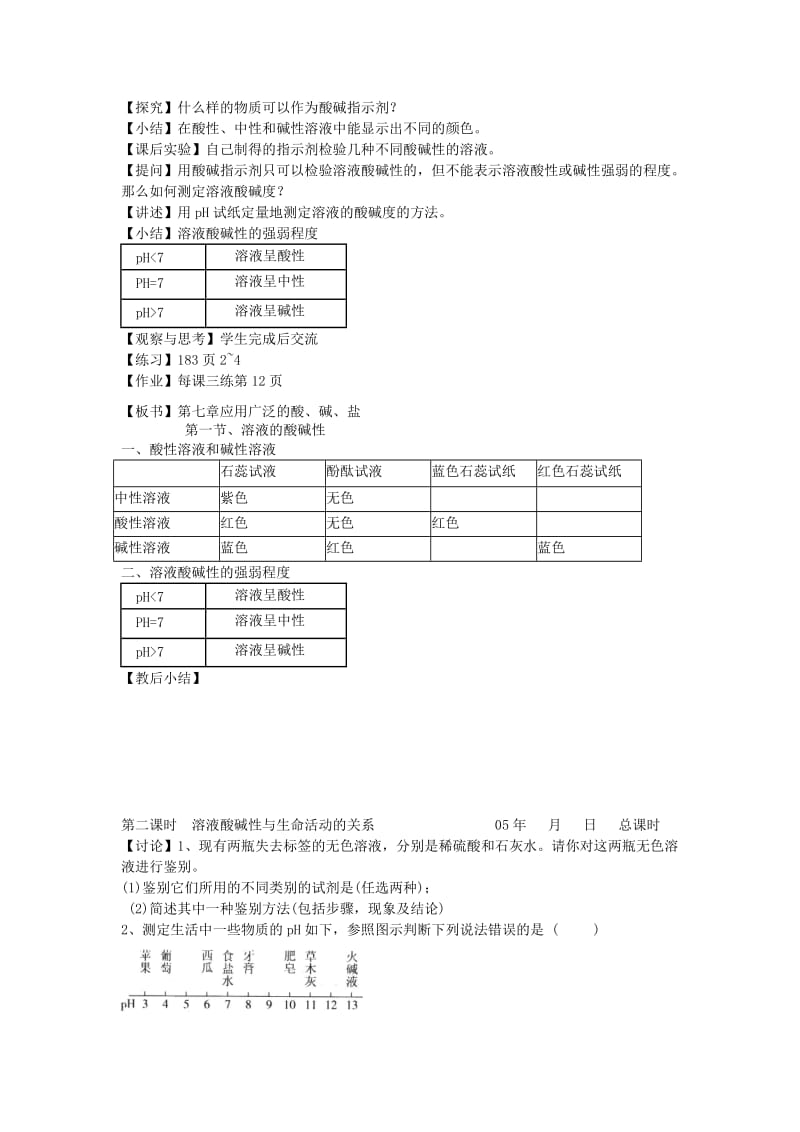 2019-2020年九年级化学 第七章第一节 溶液的酸碱性教案 沪教版.doc_第2页