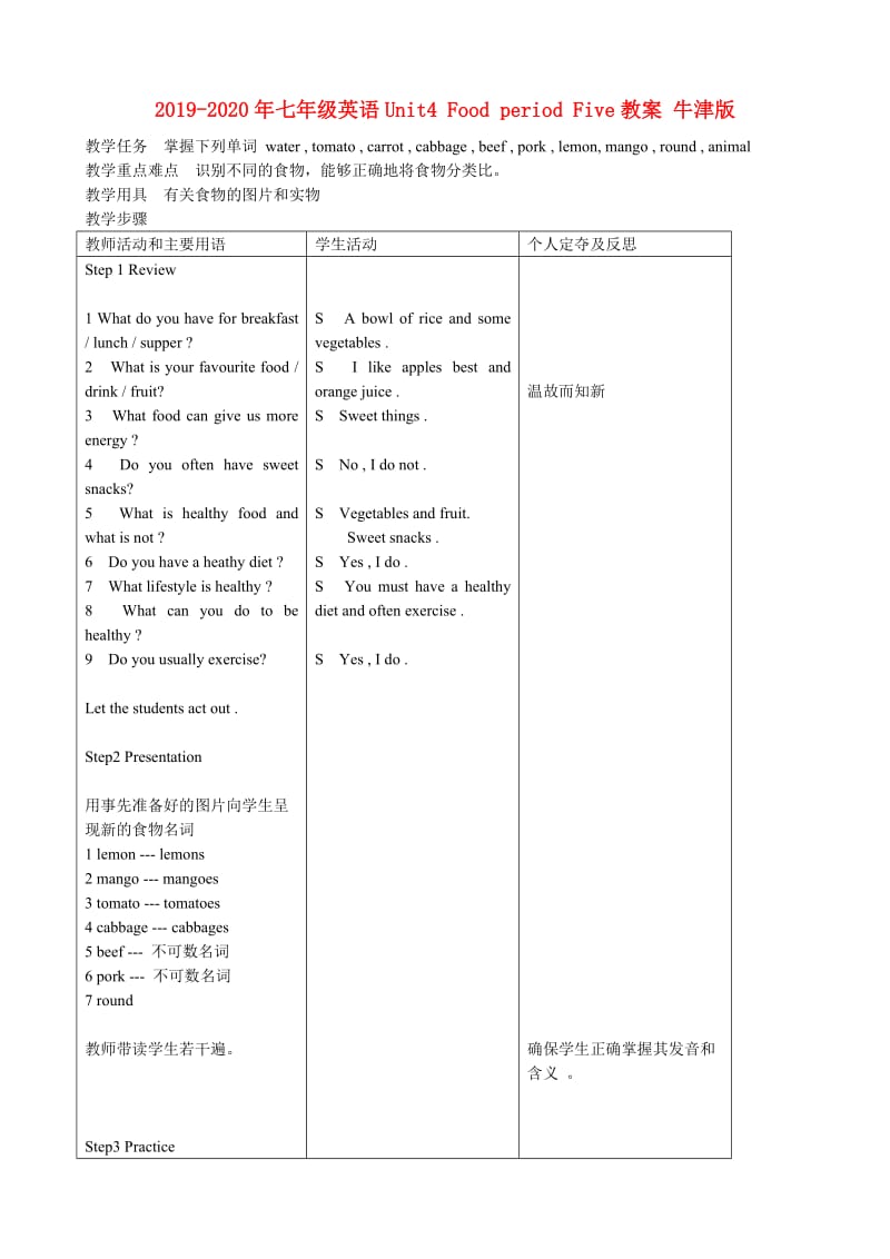 2019-2020年七年级英语Unit4 Food period Five教案 牛津版.doc_第1页