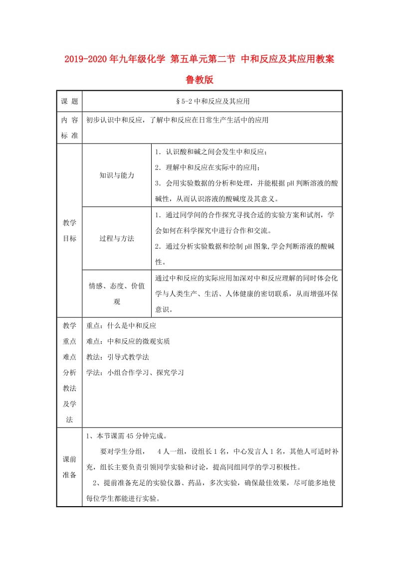 2019-2020年九年级化学 第五单元第二节 中和反应及其应用教案 鲁教版.doc_第1页