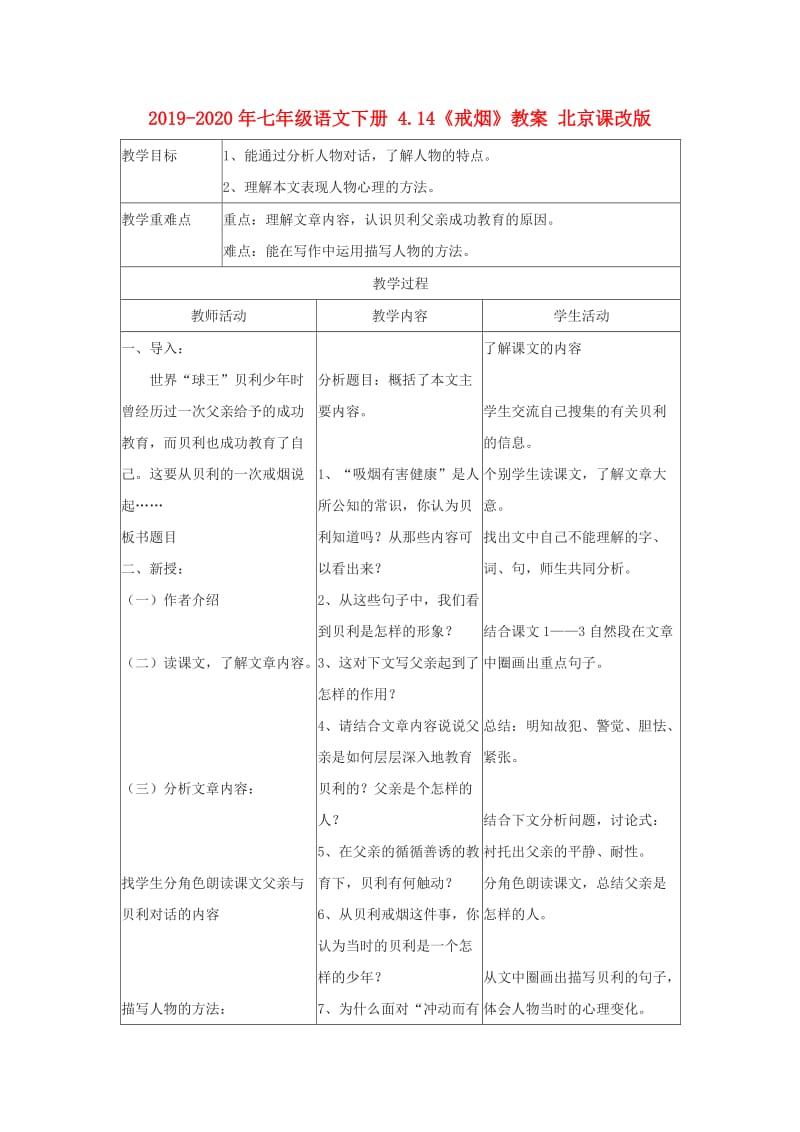 2019-2020年七年级语文下册 4.14《戒烟》教案 北京课改版.doc_第1页