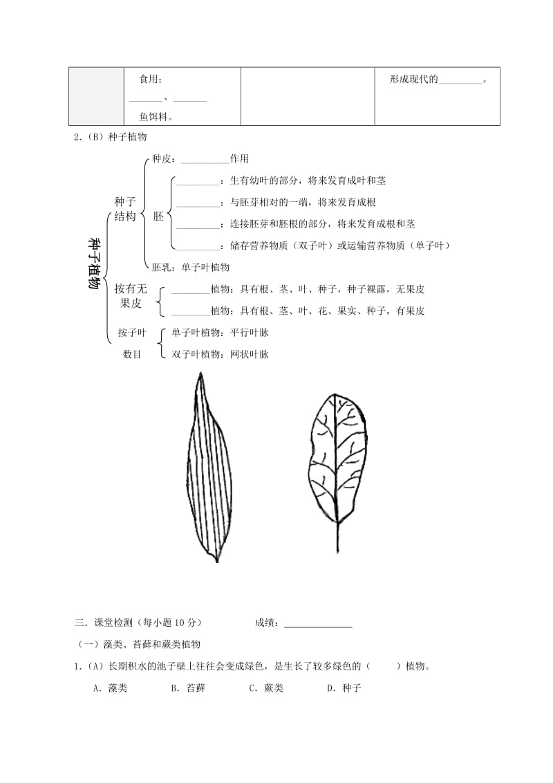 2019-2020年七年级生物上册 藻类、苔藓、蕨类植物和种子植物教学案（无答案） 新人教版.doc_第2页