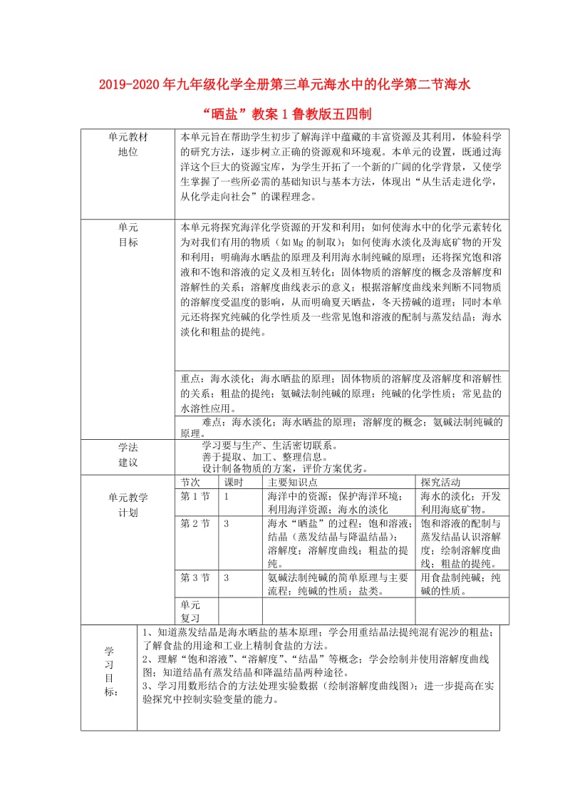 2019-2020年九年级化学全册第三单元海水中的化学第二节海水“晒盐”教案1鲁教版五四制.doc_第1页