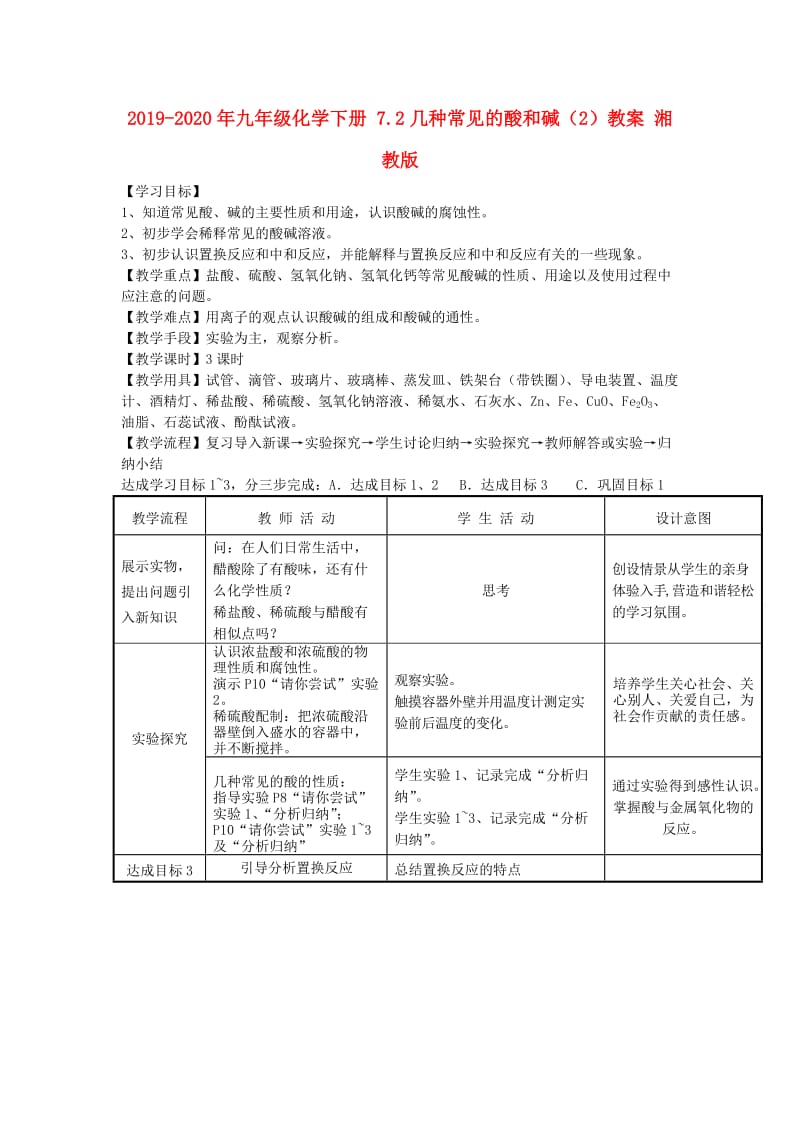 2019-2020年九年级化学下册 7.2几种常见的酸和碱（2）教案 湘教版.doc_第1页