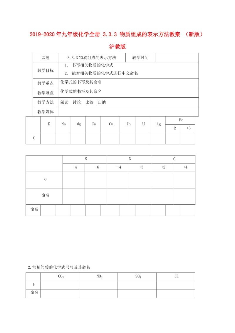 2019-2020年九年级化学全册 3.3.3 物质组成的表示方法教案 （新版）沪教版.doc_第1页