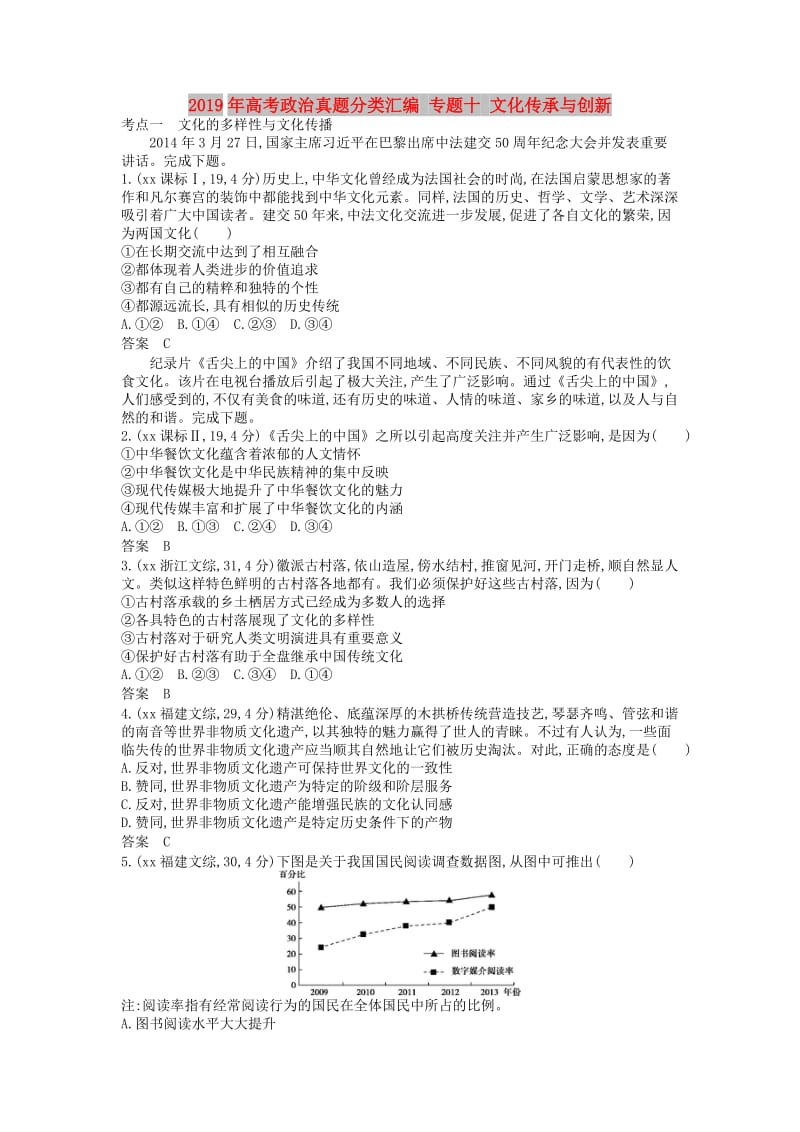 2019年高考政治真题分类汇编 专题十 文化传承与创新.doc_第1页