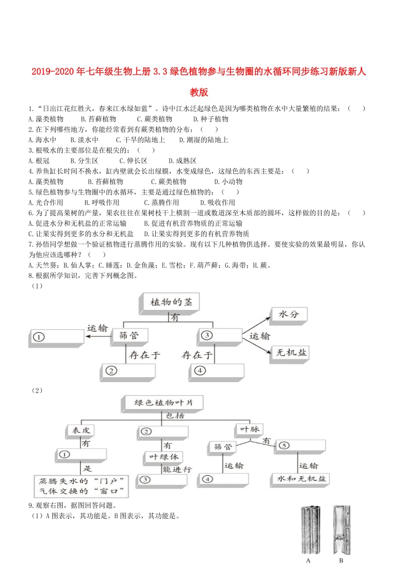 2019-2020年七年级生物上册3.3绿色植物参与生物圈的水循环同步练习新版新人教版.doc_第1页