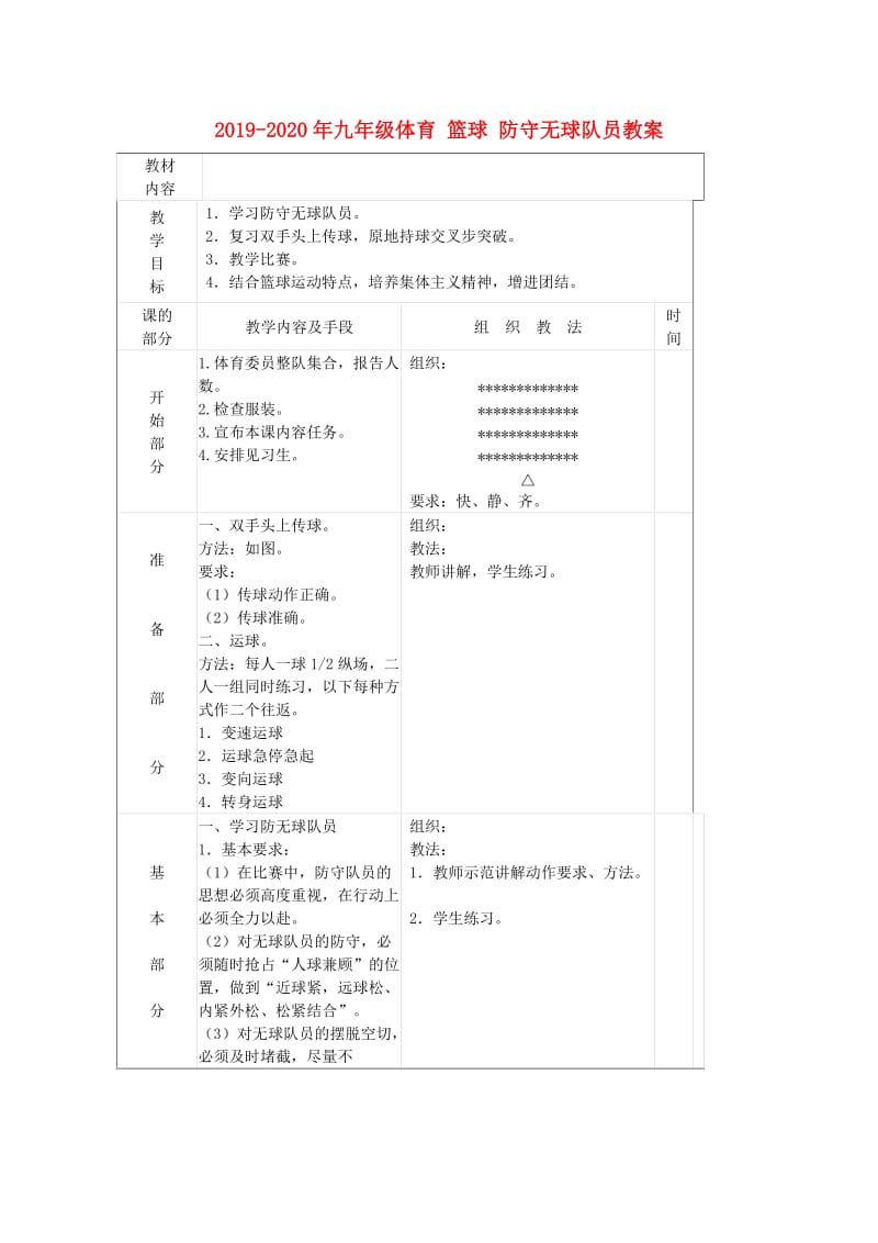 2019-2020年九年级体育 篮球 防守无球队员教案.doc_第1页