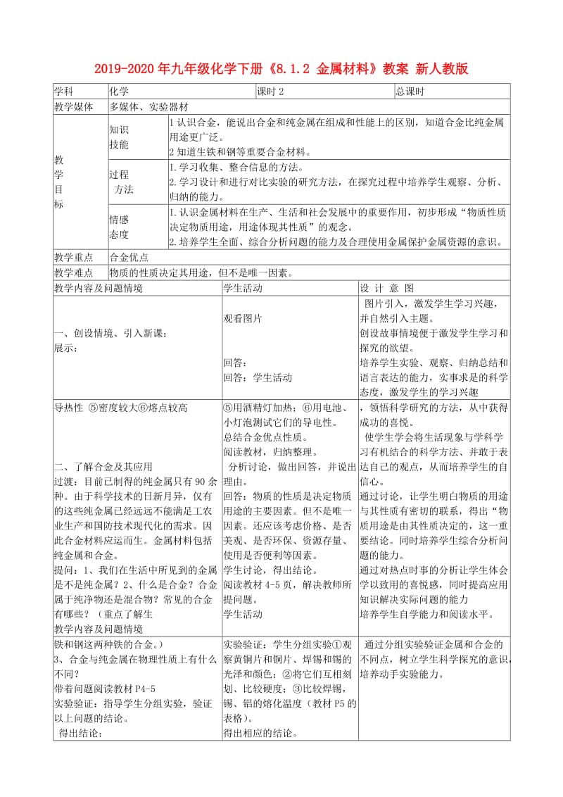 2019-2020年九年级化学下册《8.1.2 金属材料》教案 新人教版.doc_第1页