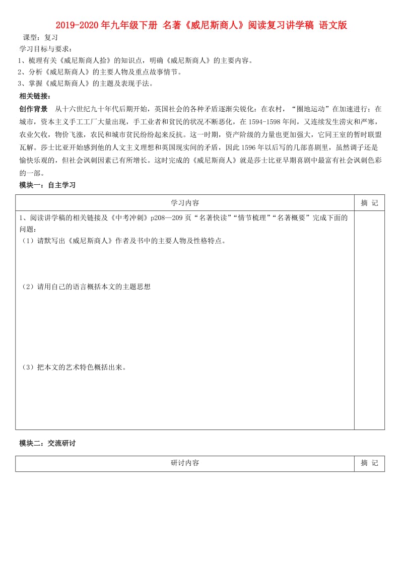 2019-2020年九年级下册 名著《威尼斯商人》阅读复习讲学稿 语文版.doc_第1页