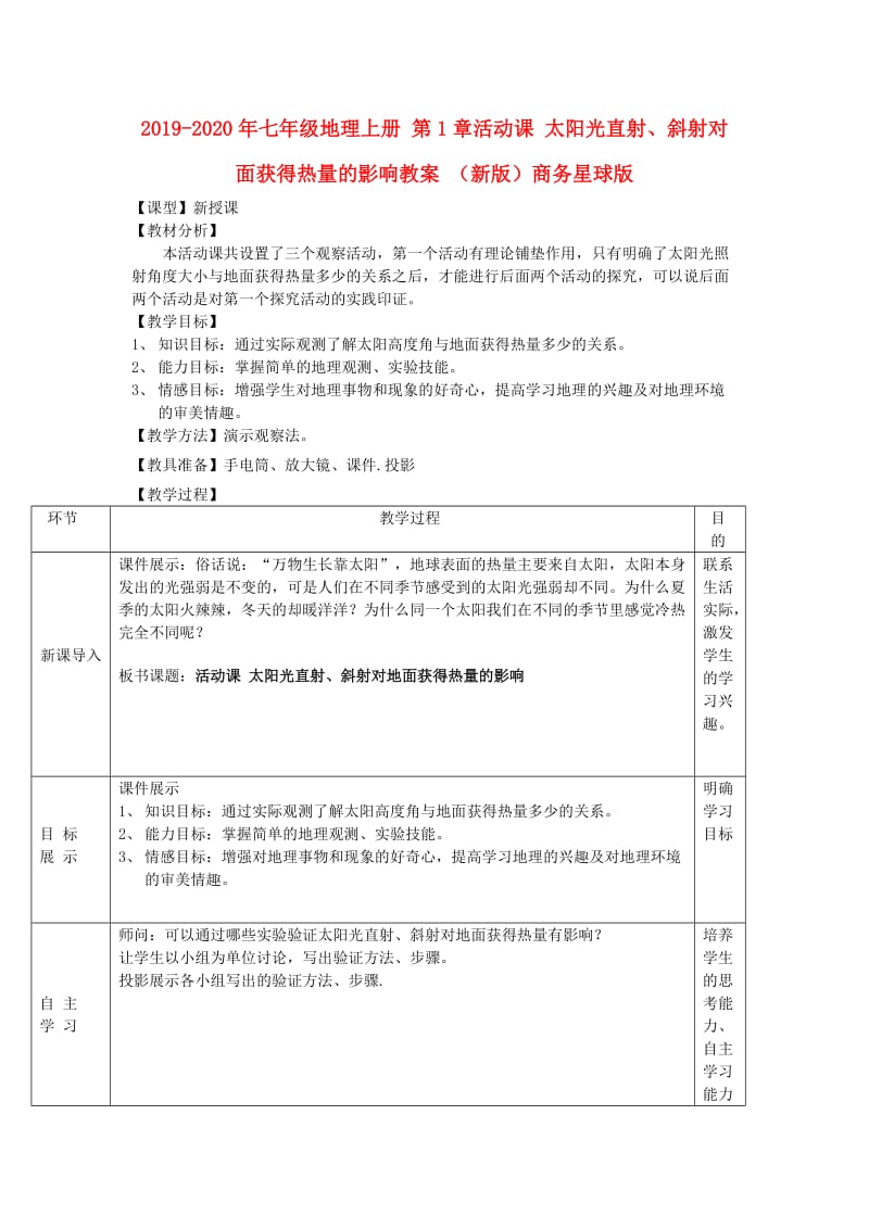 2019-2020年七年级地理上册 第1章活动课 太阳光直射、斜射对面获得热量的影响教案 （新版）商务星球版.doc_第1页