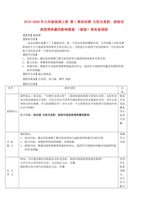 2019-2020年七年級(jí)地理上冊(cè) 第1章活動(dòng)課 太陽(yáng)光直射、斜射對(duì)面獲得熱量的影響教案 （新版）商務(wù)星球版.doc