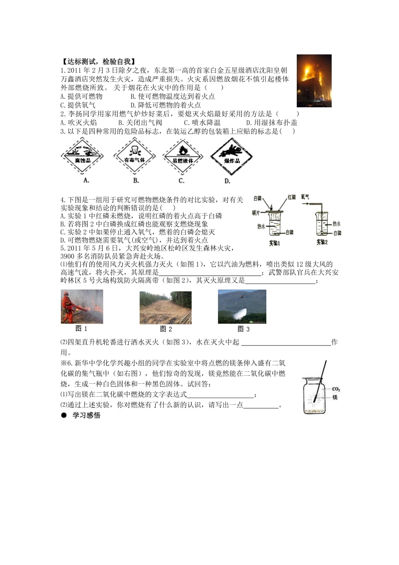 2019-2020年九年级化学上册 第七单元 燃料及其利用 课题1 燃烧和灭火学案 新人教版.doc_第2页